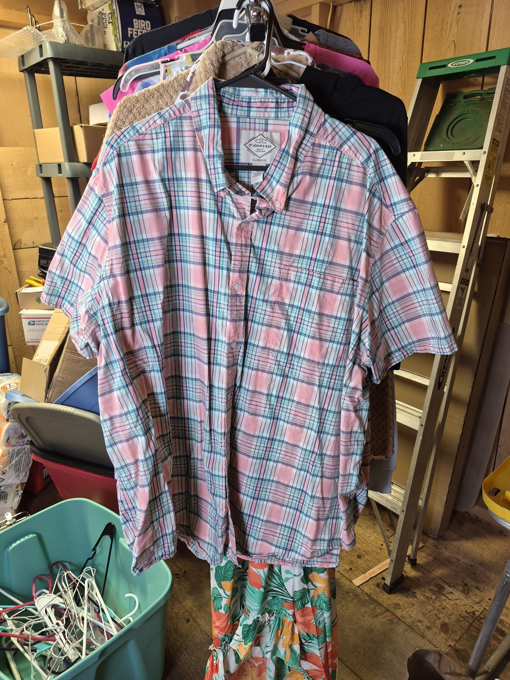 Saint John's Bay Active Pink and Teal Plaid Short-Sleeve Button-Down Bin 63